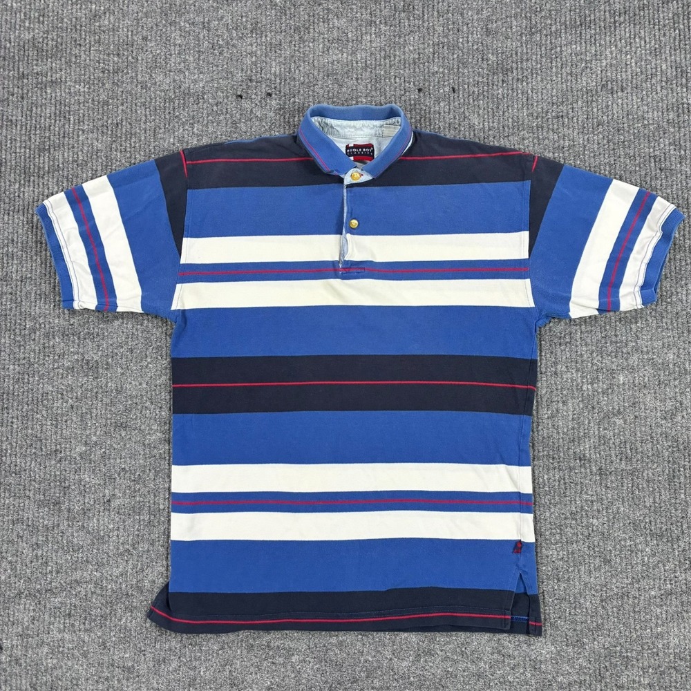 Vintage Bugle Boy Classics Striped Polo Shirt Mens Medium Blue White Cotton